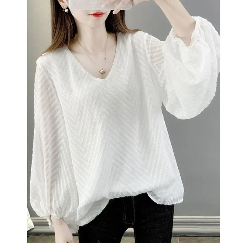 

2024 Spring New for Women Elegant V-Neck Mesh Flare Long Sleeve Chiffon Blouse Oversize Loose Striped All-match Casual Solid Top