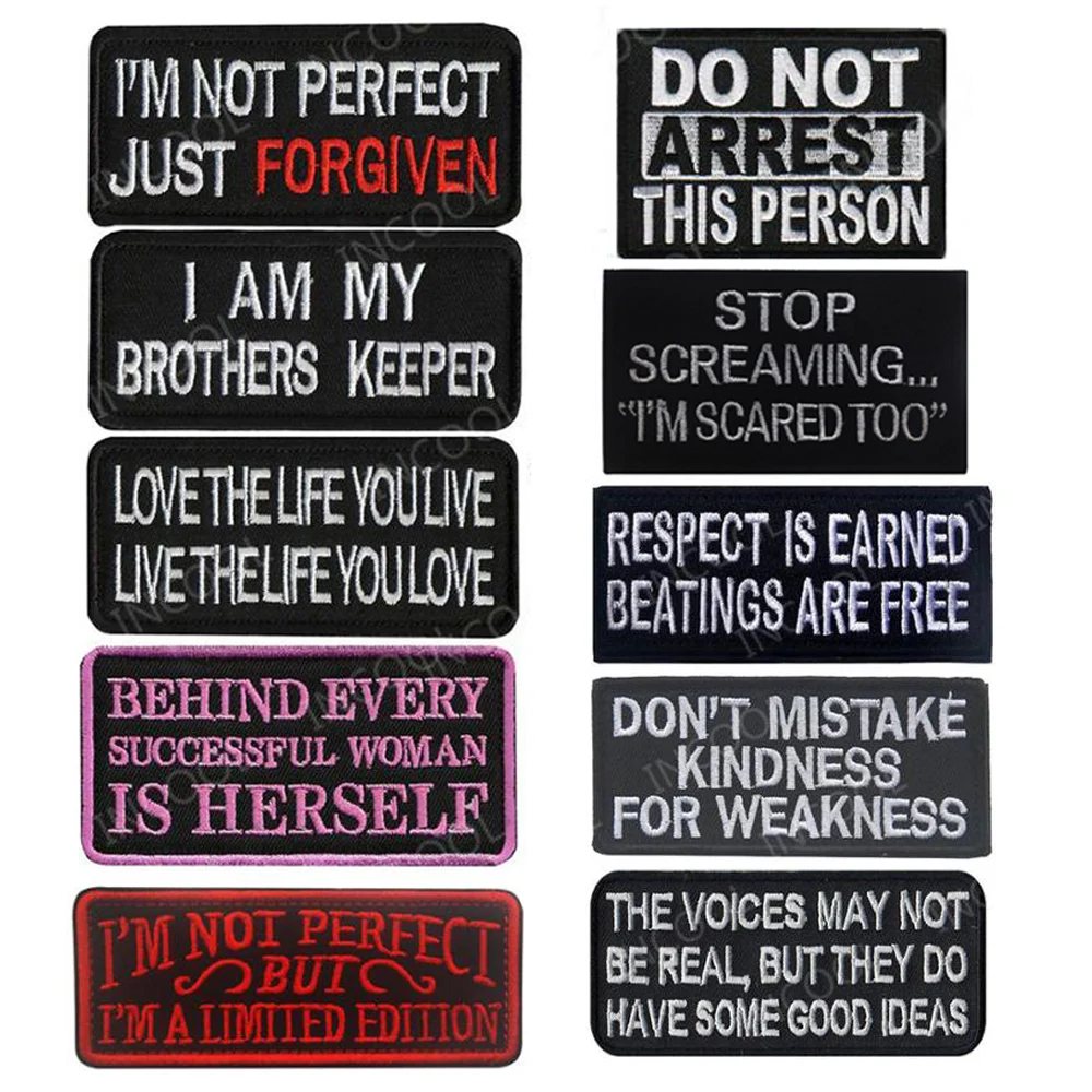 Motivational Phrases Slogan Words Classic Saying Letter Military Patches Biker Appliqued Sticker Chevron Strip Badges