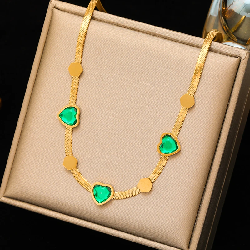 EILIECK 316L Edelstahl 1 Set Herzförmige Grüne Kristall-Halskette Ohrringe für Frauen Mädchen Mode-Schmuckset Geschenk Party – Detail 9