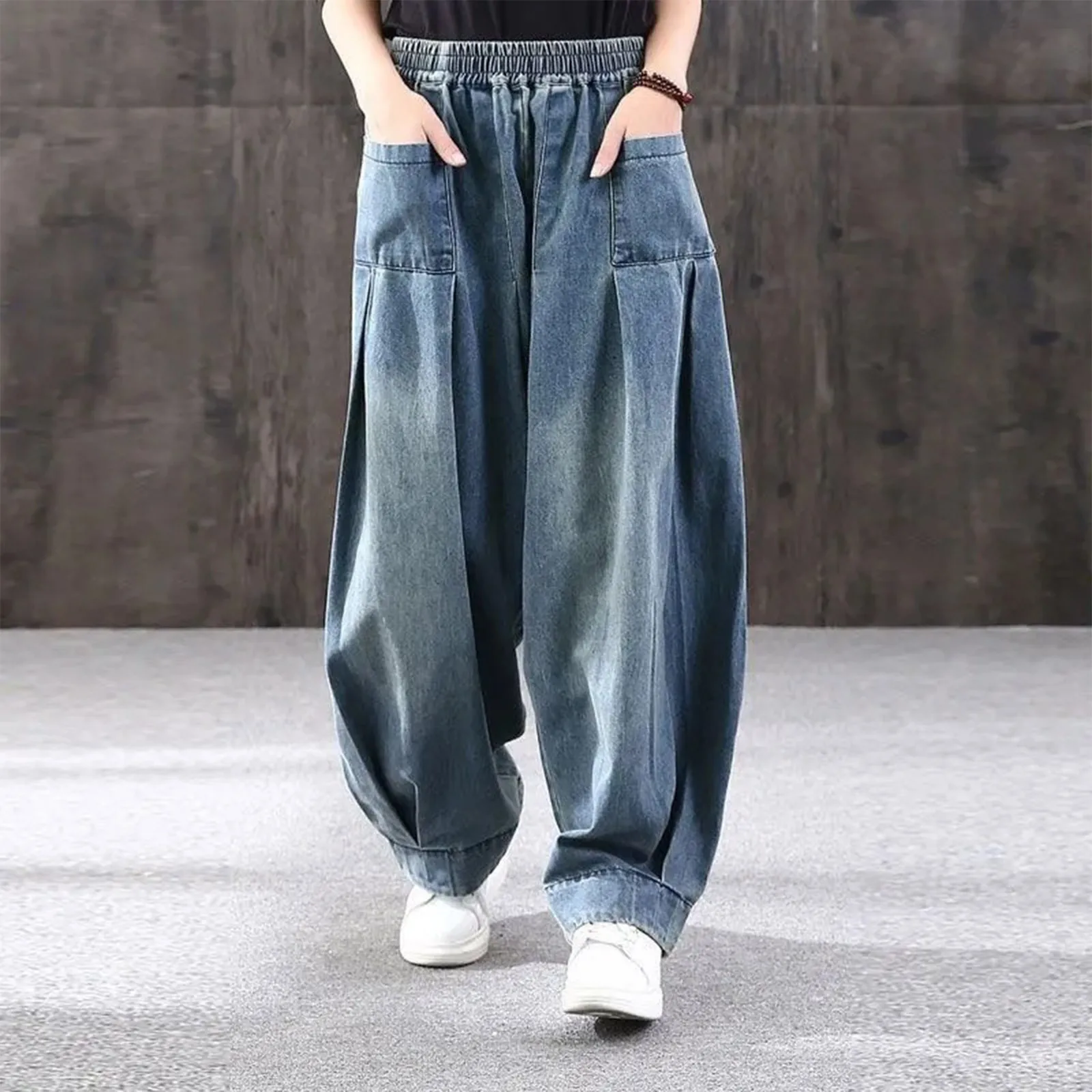 Women'S Haren Denim Pants Trend Pleated Design Workwear Elastic Waist Pants Autumn New Loose Three-Dimensional Pocket Pants