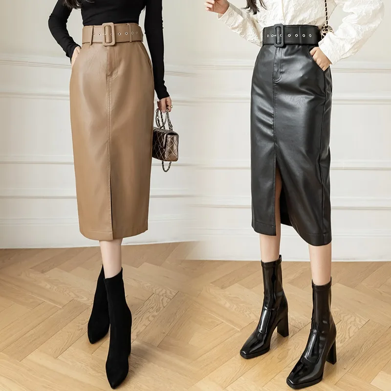 

Vintage PU Leather Skirt Women Fall Winter High-waisted Slimming Long A-line Skirts Female Fashion All Match Faldas Mujer F87