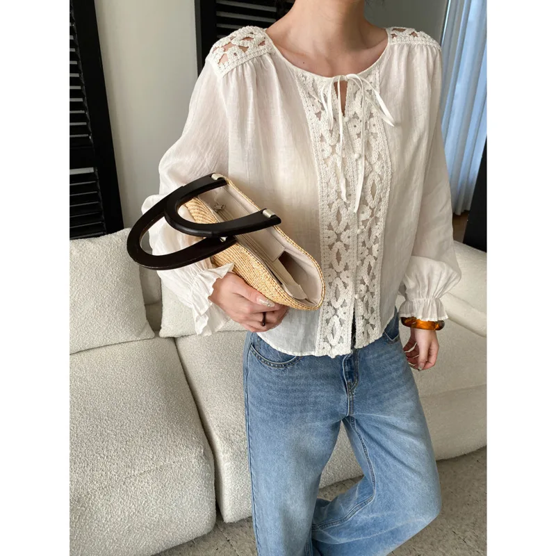 

100% Ramie Hollow Out Crochet Blouses Spring Summer Women Ruffles Lace-up Lantern Sleeve Elegant Shirt