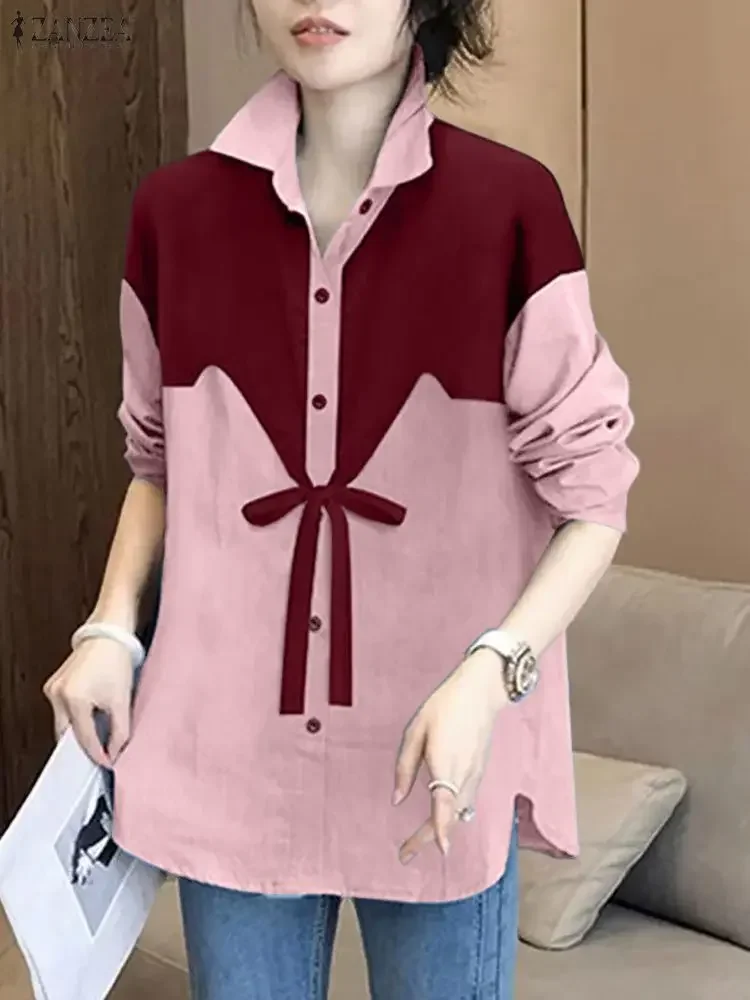

Women Fashion Shirts ZANZEA Color Patchwork Casual Blouse 2025 Autumn Long Sleeve Bow Tops Elegant Office Lady Female Blusas