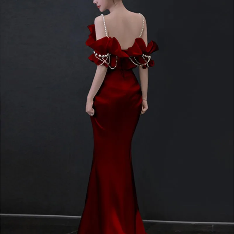 High Quality |Fishtail Toasting Women Dress New Burgundy Feel Strapless Host