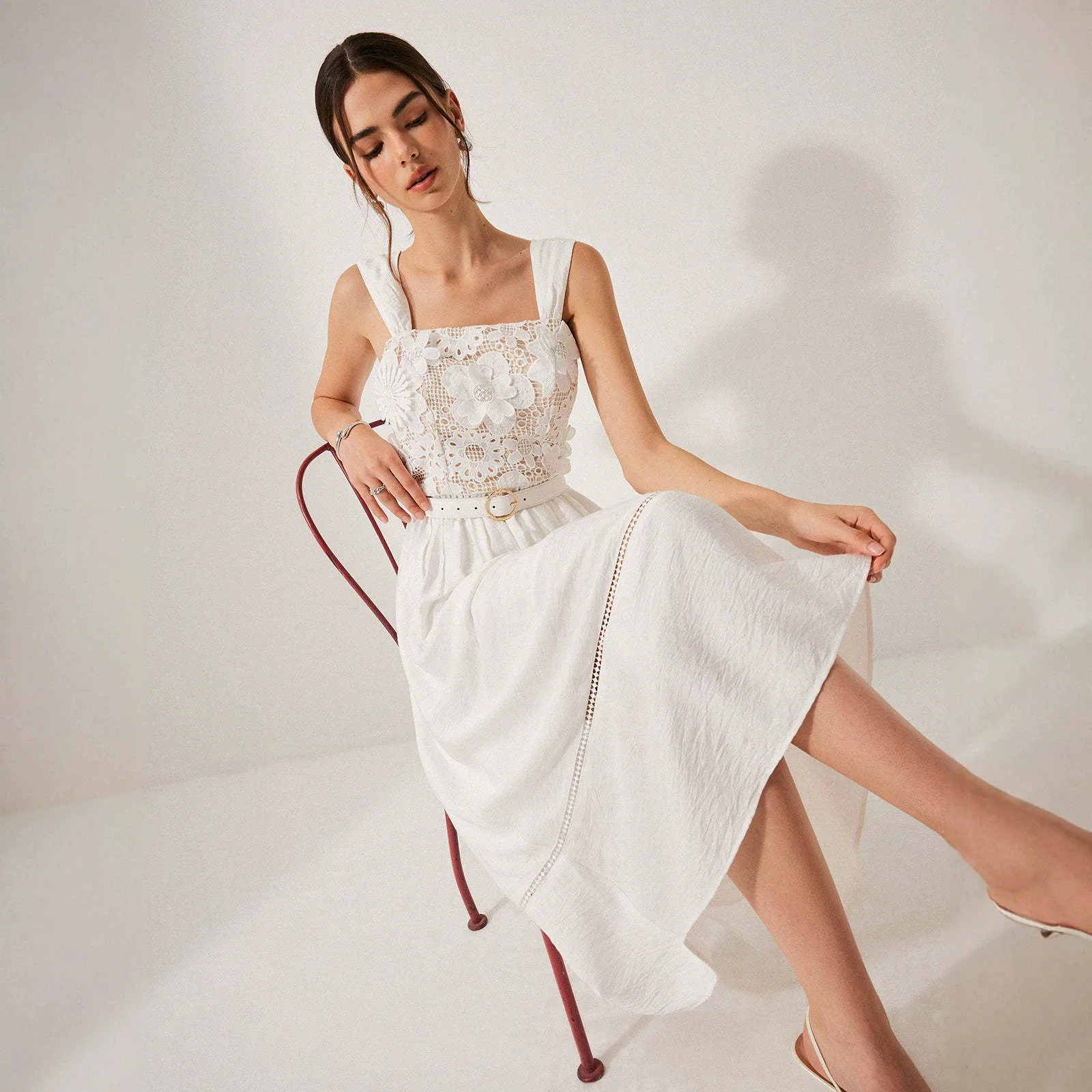 

Summer White Lace Flower Dresses Square Neck Sleeveless Waistband Wrap Long Dress Jumpsuit Playsuit Matching Set