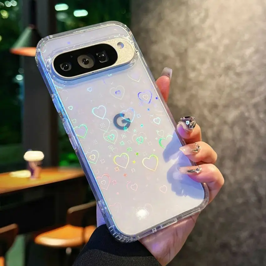 Gradient Laser Love Heart Pattern Clear Phone Case For Google Pixel 9 9Pro XL 9A 8 8Pro 8A Glitter Transparent Shockproof Cover