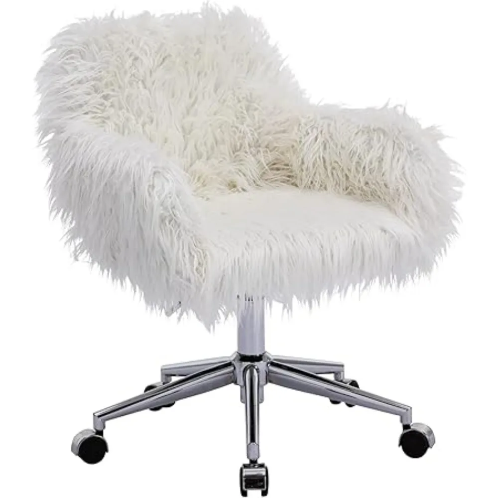 Fluffy Office Desk Chair, Faux Fur Modern Swivel Armchair with Wheels, Soft Comfy Fuzzy Elegant Accent Makeup Vanity Chairs