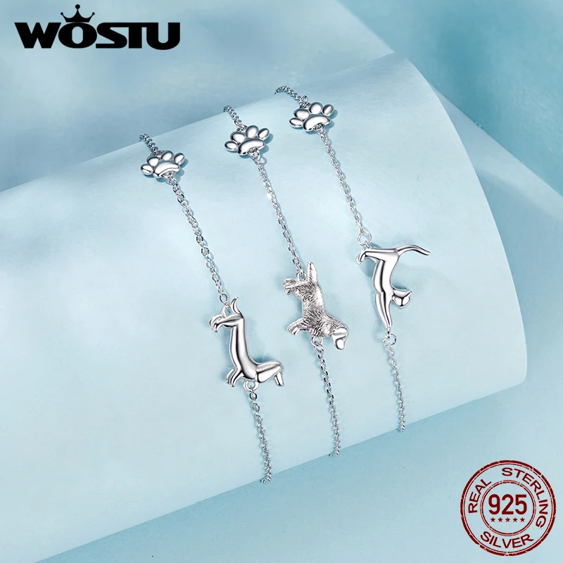 WOSTU 925 Sterling Silver Cute Cat Bracelet Golden Retriever Bracelet Perfect Gift for Puppy Kitty Pet Lovers Women Fine Jewelry