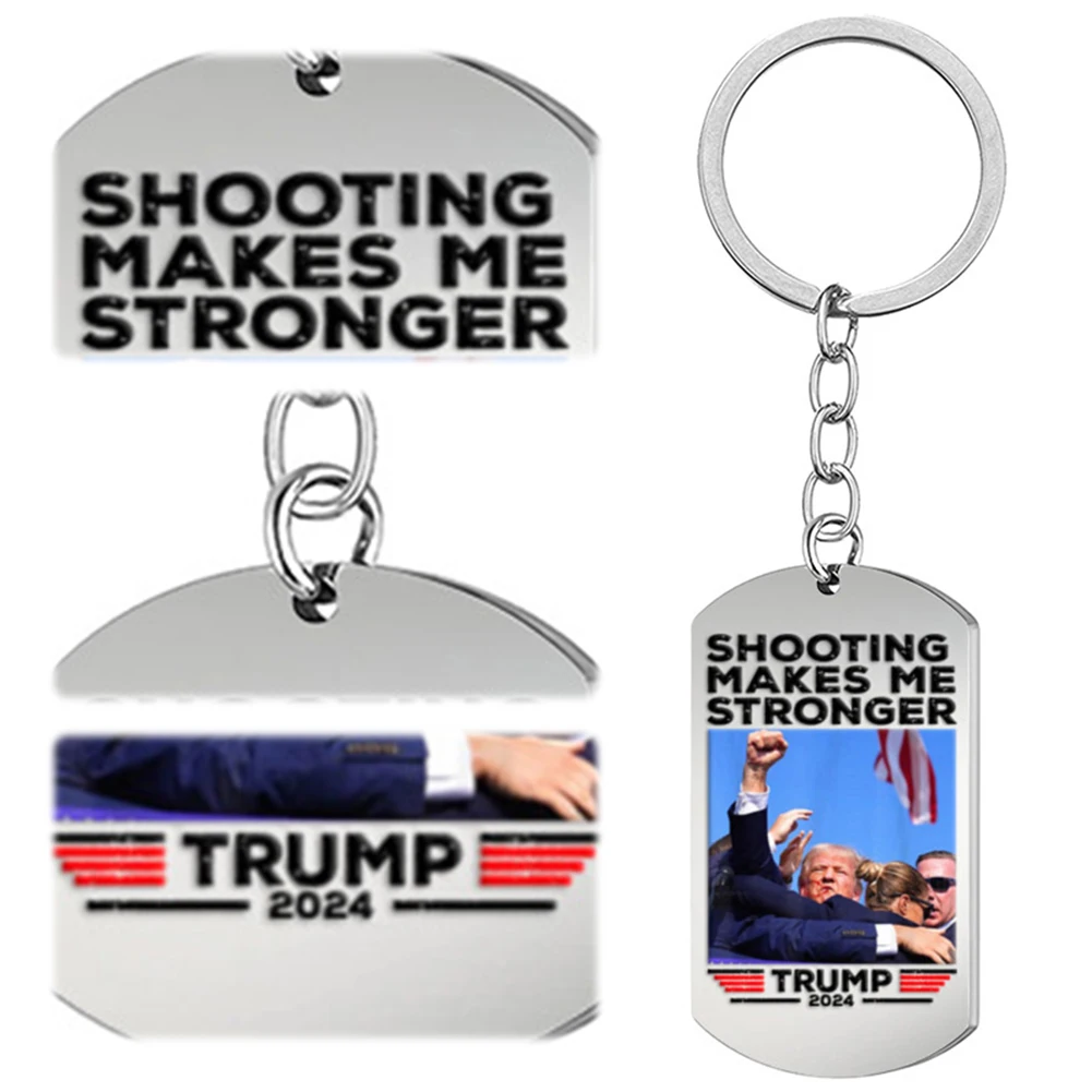 Trump 2024 Flag Keychain Shooting Makes Me Stronger Key Ring Key Holder for Men Women Gifts for Supporters Fans