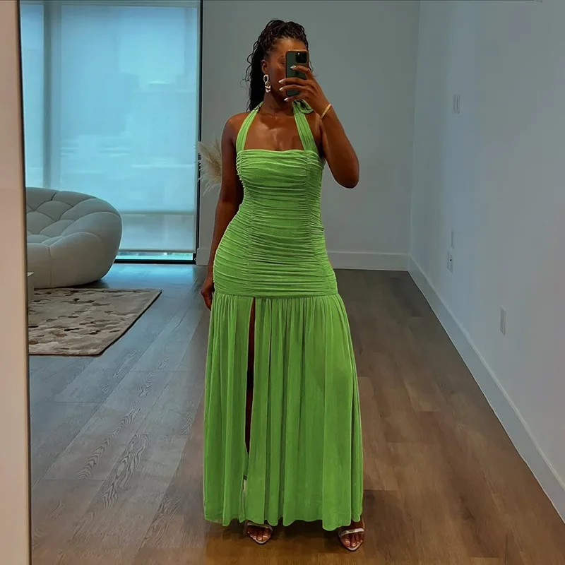 Vestido largo ajustado fruncido de malla transparente para mujer, vestido Sexy sin tirantes con cordones y cuello Halter y espalda descubierta, vestido largo ajustado para fiesta, ropa para discoteca