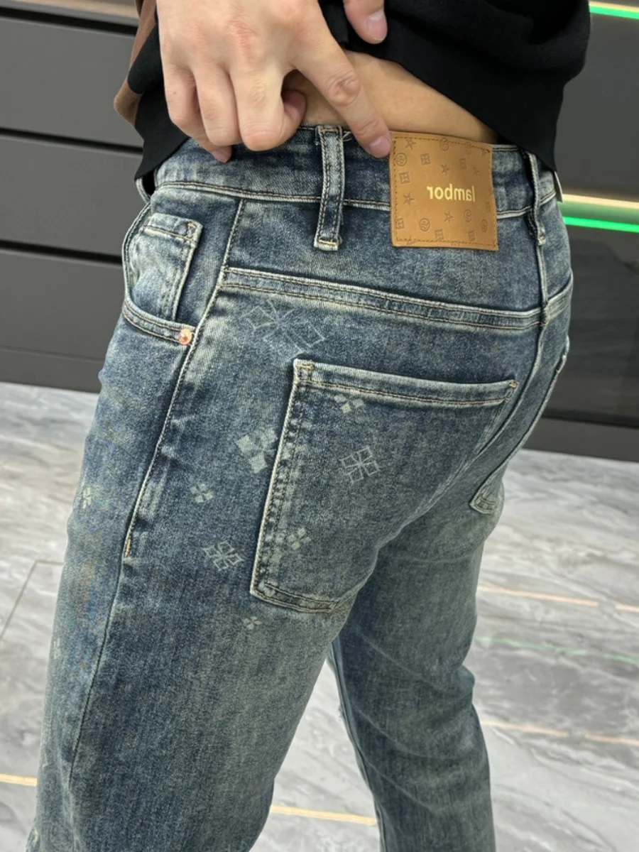 

Faionable Printed Jeans Men's Spring Summer New Waed Slim Fit Casual Long Pants mid High Waist Classic Straight Leg Jeans