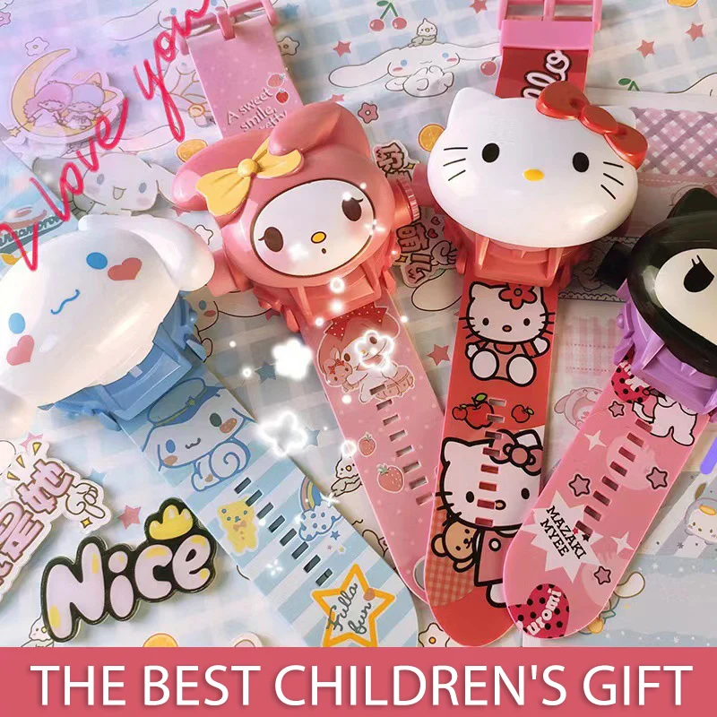 MINISO Hello Kitty 3D Projection Children's Watch Girls Cinnamoroll Kuromi Melody Anime Action Figures Model Toy Kid Gift