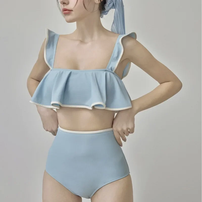 

Купальник из двух предметов с высокой талией, женский однотонный утягивающий купальник в японском стиле, сексуальный купальный костюм для отпуска, горячий источник, накидка