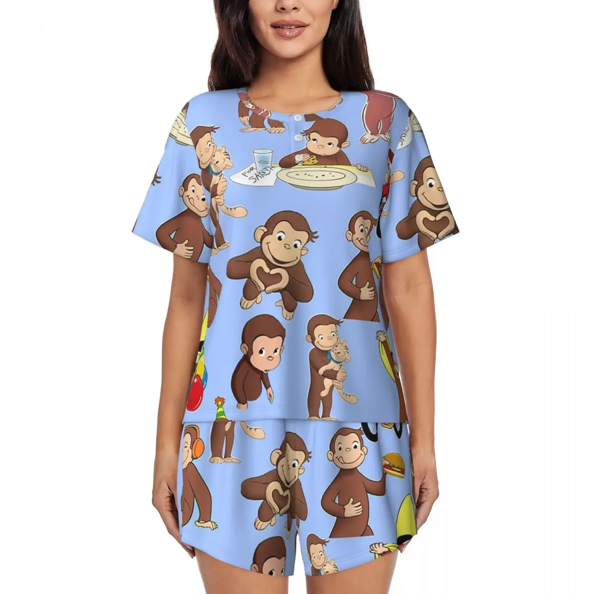 

Anime Curious George Monkey Round Neck Short Sleeve Nightgowns for Sleeping Sleepshirts Women Soft Pajama Set Short Pants