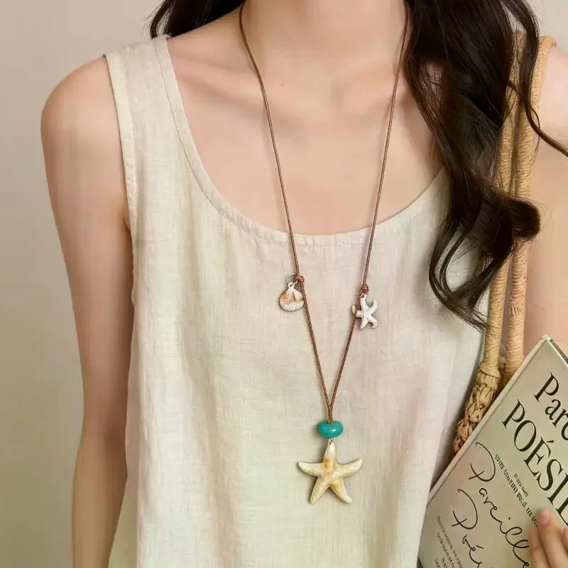 Starfish Shell Beaded Wax Rope Necklace Non-Fading Bohemian Clavicle Chain for Women Beach Wedding Guest Wear