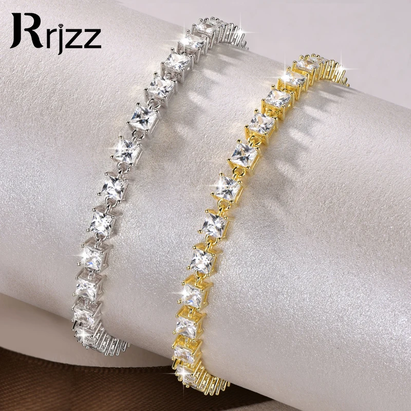 Rrjzz 3x3mm Princess Cut 5A CZ Lab Imitation Diamond Tennis Bracelet for Women Adjustable Zircon Bracelets Birthday Jewelry Gift