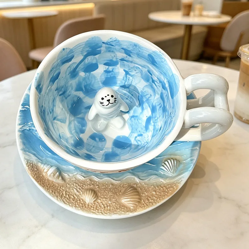 Makeup Cartoon Seal Penguin Cup Coffee Cup Handmade Ceramic Cup with Ladder Handle Drinking Dish Set Home Decoration