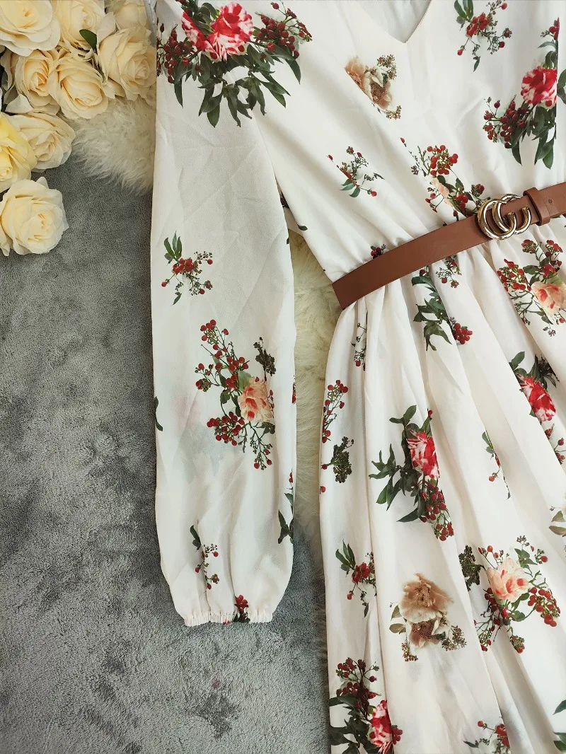 เดรสผู้หญิงลายโบฮีเมียน เสื้อเชิ้ตสไตล์ฝรั่งเศส แฟชั่นทรงเอ ชุดฤดูร้อน คอวี กระชับเอว เสื้อผ้าลำลอง แขนยาว