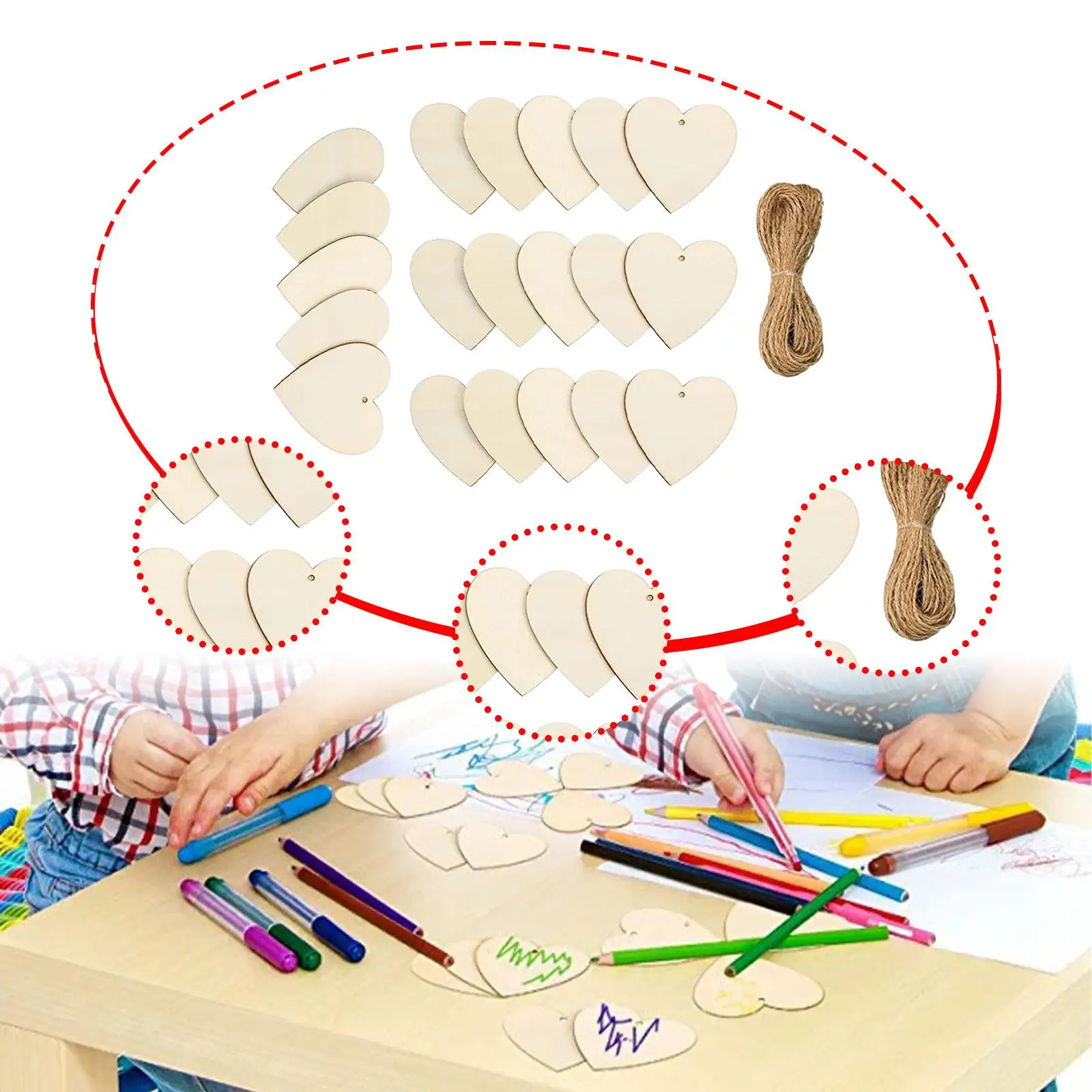20Pcs Heart Shaped Wood Slices Cutouts Unfinished Party Decoration DIY Craft Art Project with Twines Christmas Hanging Decor