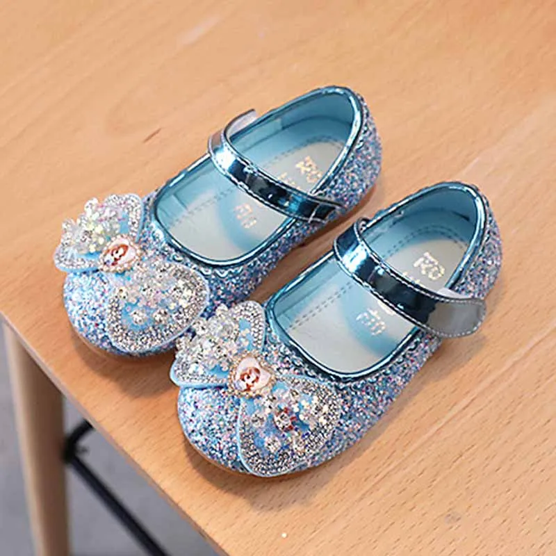 Disney Elsa Princess ShoesGirls\' Fashion Cartoon Princess Casual Shoes Girls With Sequin Leather Shoes Soft soled Baby Shoes