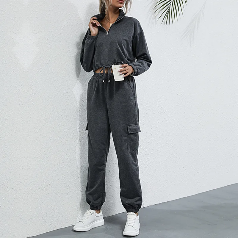 Tracksuit 2 Piece Outfits Spring Women Sport Suit Long Sleeve Crop Top Sweatshirt+pant Running Jogger Fitness Workout Casual Set