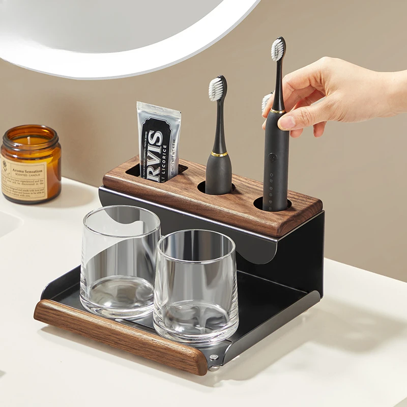 

Bathroom Bathroom Vanity Top Tooth Cup Toothpaste Mouthwash Cup Organiser Walnut Electric Toothbrush Holder