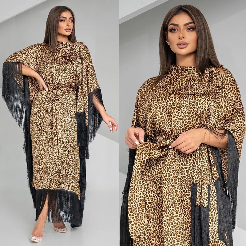 

Middle Eastern Muslim Moderst Modern Luxury Fashion Islamic Robe Bat Sleeves Tassel Kaftan Leopard Print Dress Party Dress