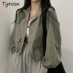 Crop Jackets Women Autumn Sun Protection Sporty Windproof American Fashion Retro All-match Zipper Chic Workwear Drawstring Coats