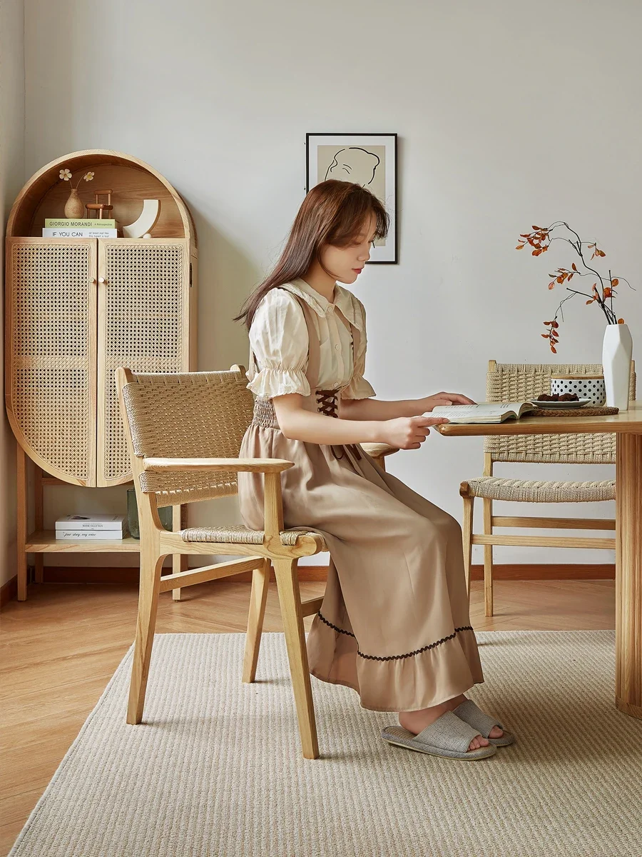 

Dining tables, chairs, solid wood backrests, rope woven cow horns, household leisure negotiations