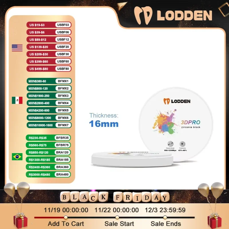 Lodden Dental Material Zirconia 5-Multilayer Block 98*16mm 3D PRO Multilayer Zirconia Disc Cad Cam Open System Dental Lab use