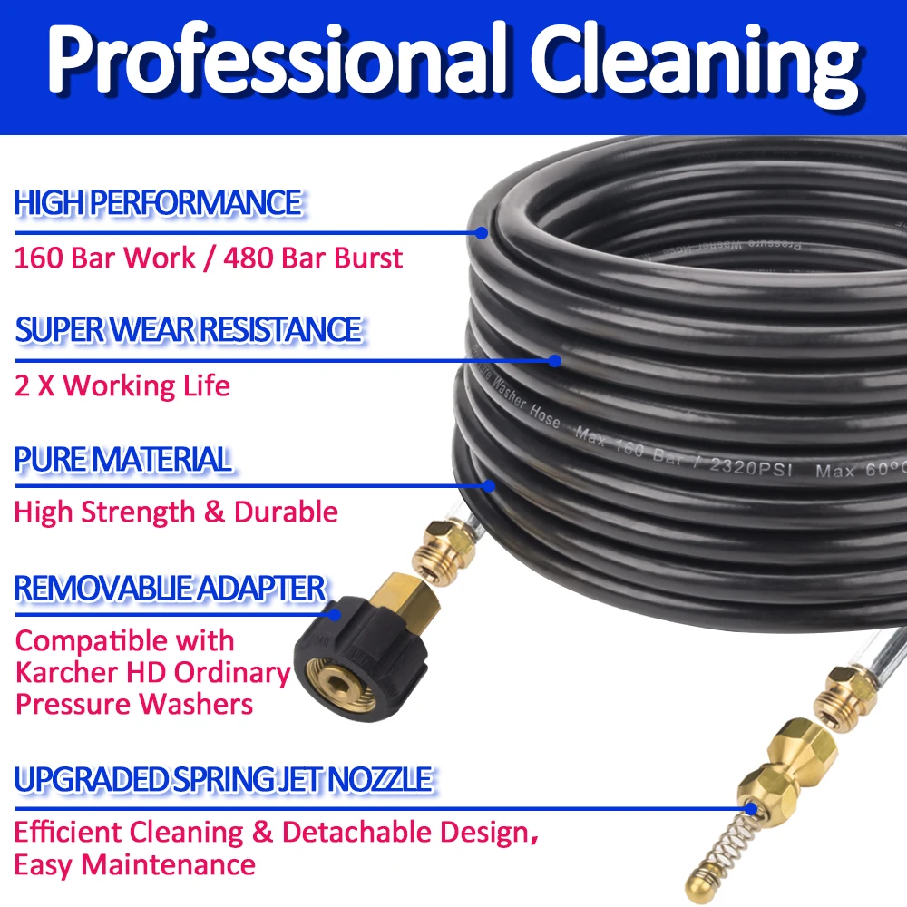 High Pressure Washer Sewer Drain Water Cleaning Hose Pipe Line Cleaner Sewage Jetter Hose Kit for Karcher HD/HDS Pressure Washer