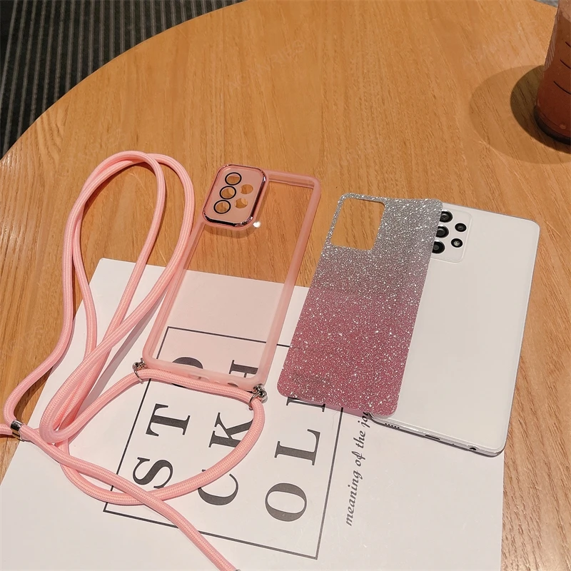 For Oppo Reno 11 12 10 Pro Plus + 8 8t 7 Reno11 F 5G Crossbody Lanyard Clear Glitter Silicone Soft Case Reno10 Reno8 Lite Cover