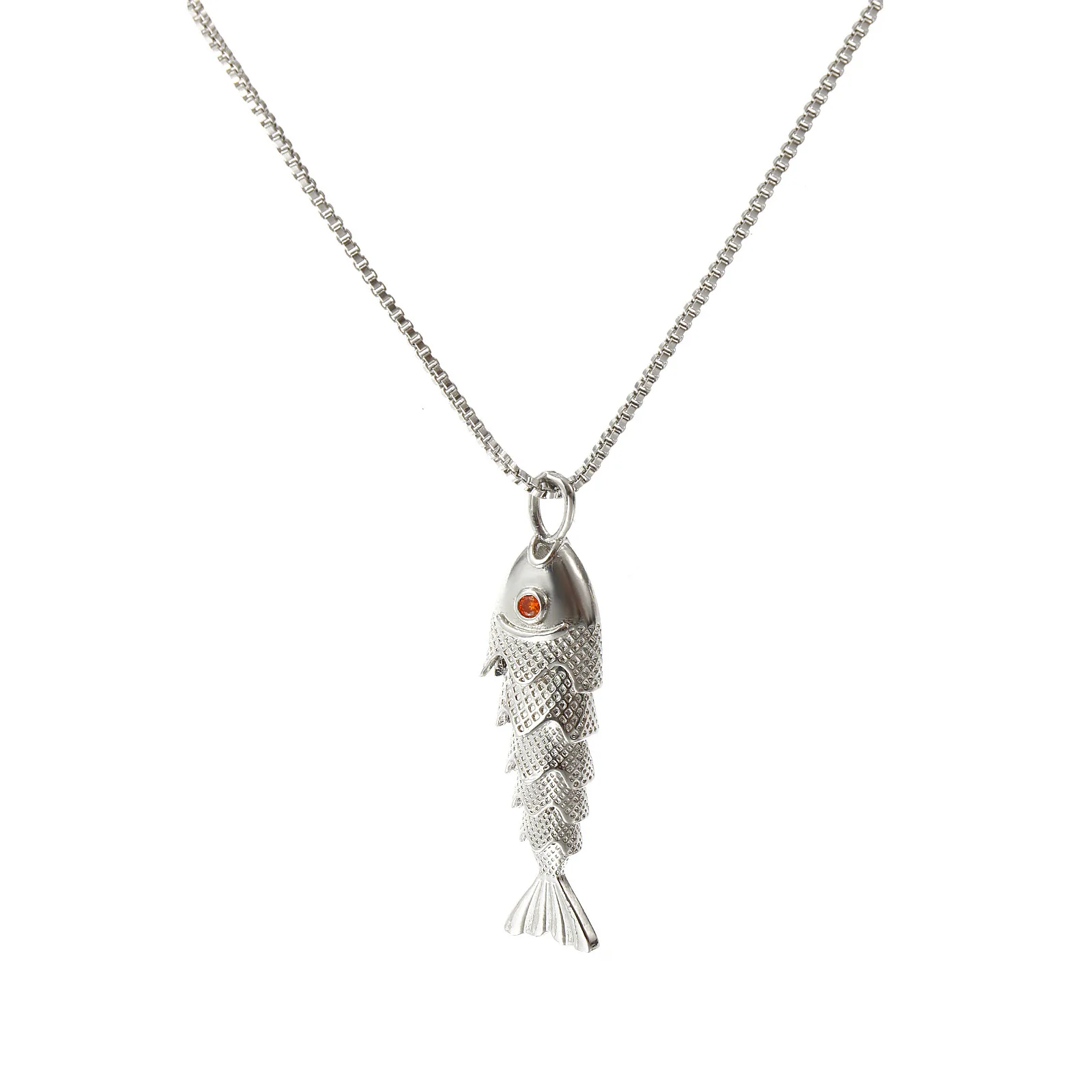 Chaîne de boîte en laiton pendentif poisson collier à breloques pour femmes Orange zircon cubique 3D mobile océan bijoux cadeau 45 cm (17.7 ") + 5 cm (2")