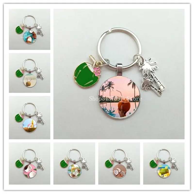 Beautiful Ocean Landscape Glass Keychain Beach Coconut Coconut Tree Keychain Leisure Relax Gift Travel Jewelry