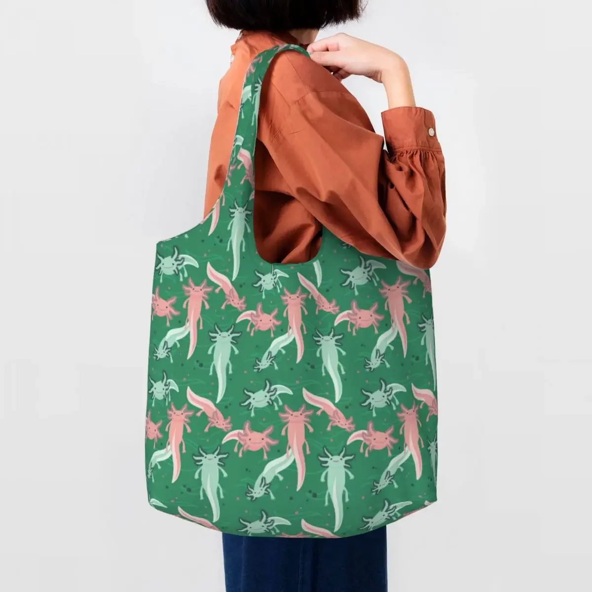 

Holly Galvan Axolotl Pattern Grocery Shopping Tote Bag Salamander Animal Canvas Shoulder Shopper Bags Large Capacity Handbags