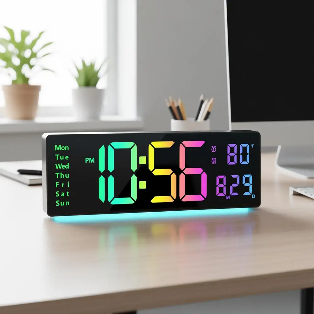 

Большие цифровые часы с 16-разрядным дисплеем и RGB-подсветкой, с пультом дистанционного управления, LED-часы для гостиной, спальни, офиса, класса