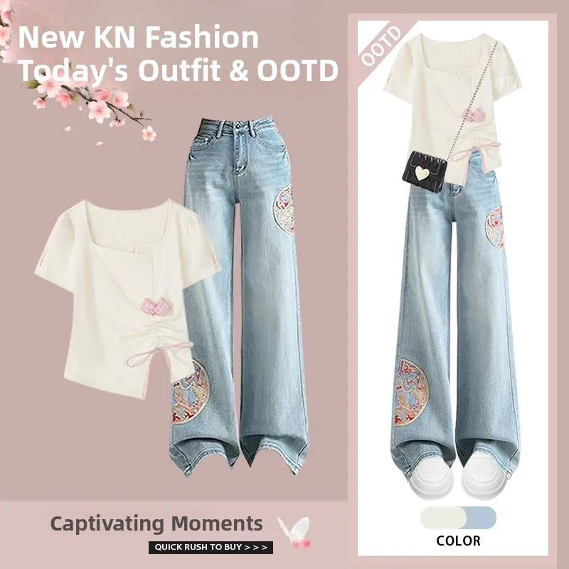 Set di jeans ricamato Ele Top e jeans con colletto quadrato da donna Nuovo set di due pezzi cinese Sle Summer Faion