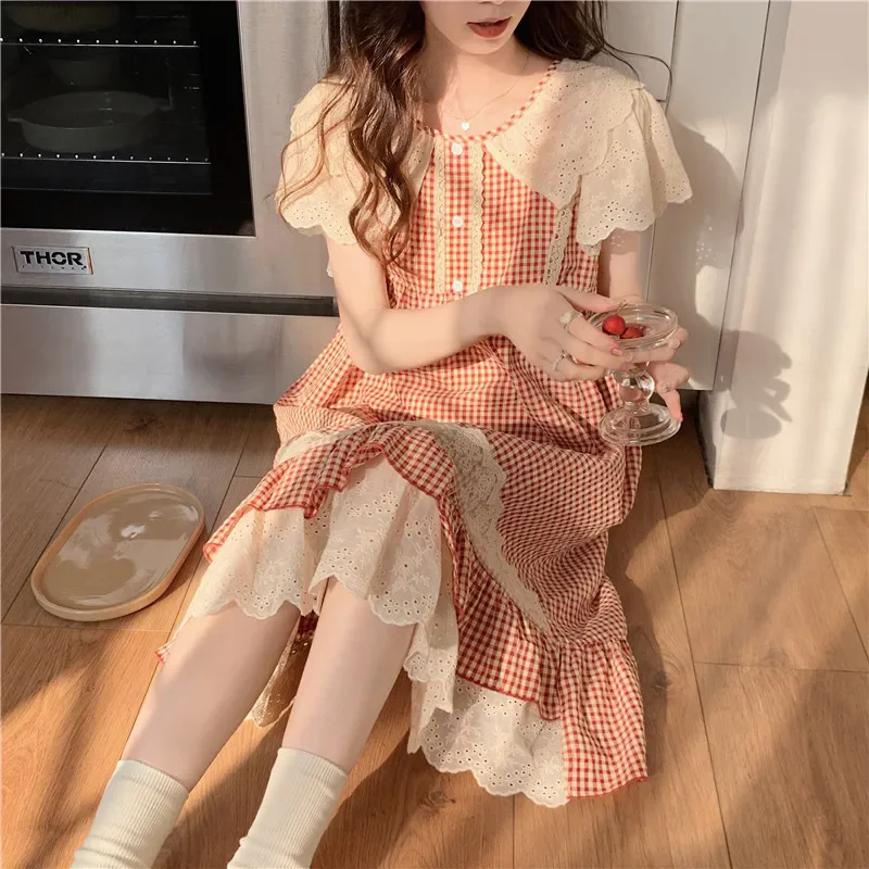 

Plaid Retro Elegant Casual NightDress Soft Ruffles Sweet Simple Summer O-Neck Princess Long Sleepwear Cotton Lace Short sleeve