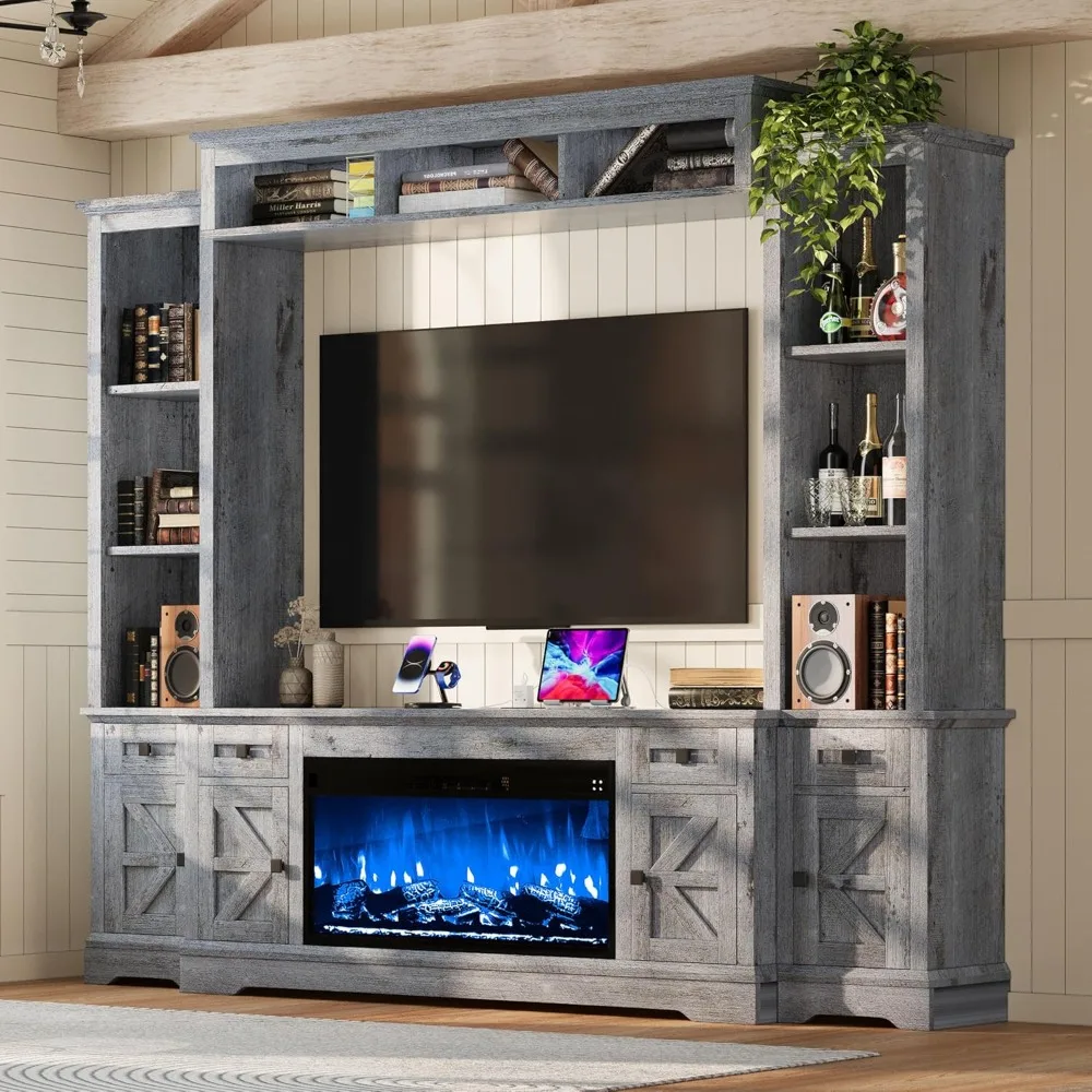 

98in Farmhouse Entertainment Center with 36 Fireplace, TV Stand, Bookshelves, Wine Cabinet, Fits 75 TVs,Large Wall Media Console