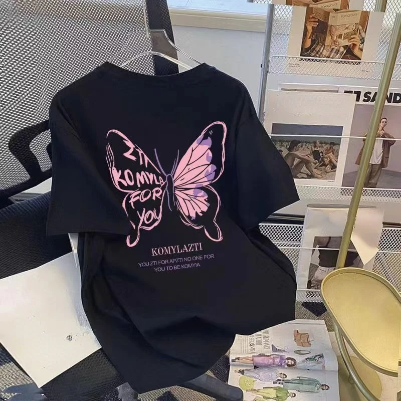 DAYIFUN-Women's Pink Butterfly Print T-shirt,Summer,Fashion,Round Neck,Short Sleeve Casual Tshirts,Oversize,Loose,Streetwear Top