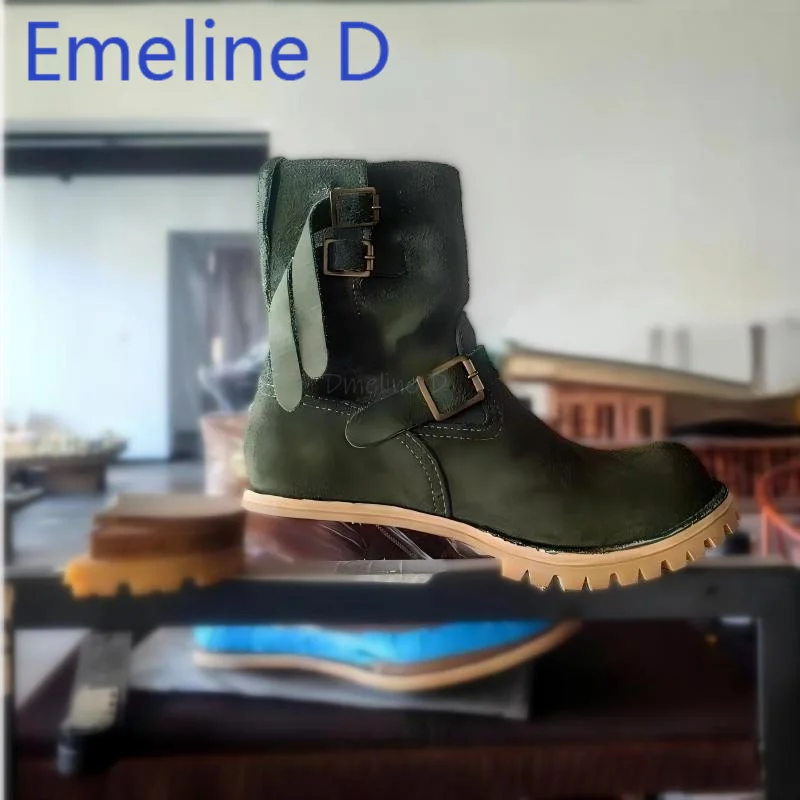 العسكرية الخضراء الجلد المدبوغ فارس الأحذية الرجعية مشبك معدني تصميم دراجة نارية الأحذية للرجال جولة تو منتصف الكعب أحذية قصيرة الساق #4