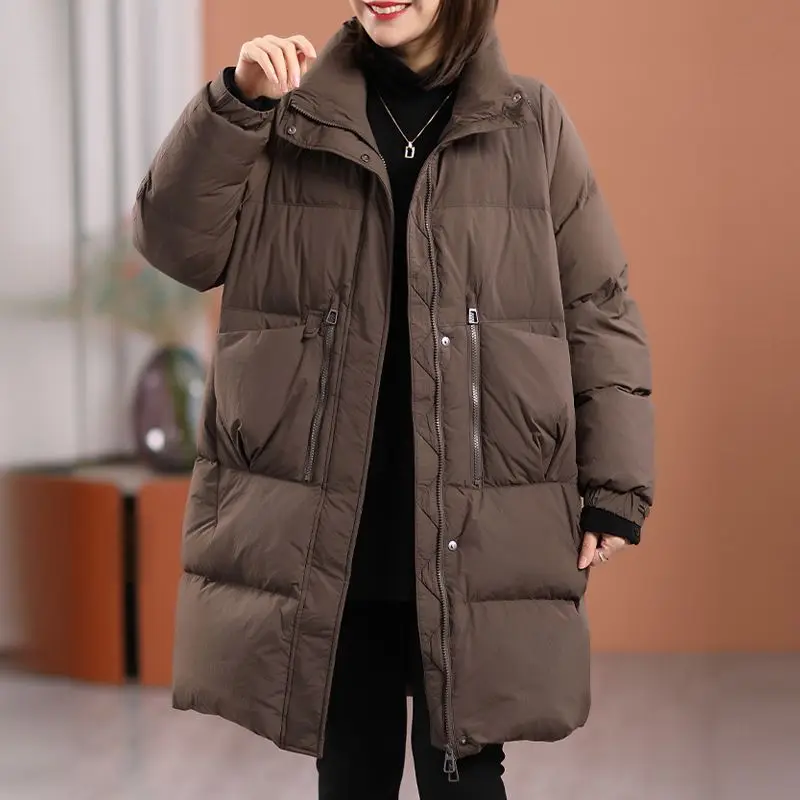 Zimowa europejska moda damska kurtka puchowa wiatroodporna ze stójką ciepła kurtka z białego puchu kaczego