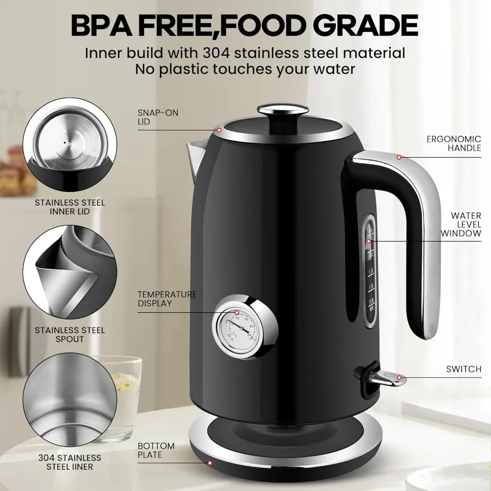 

Electric Kettle, 1.7L Stainless Steel Tea Kettle with Temperature Gauge, 1500W Water Boiler with LED Light