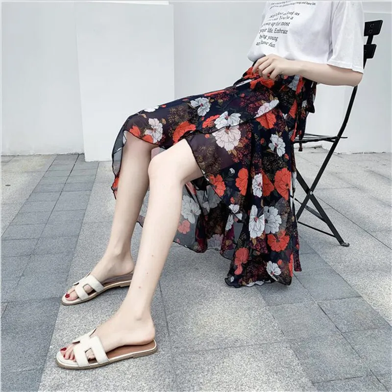 Floral impressão saias longas femininas 2026 verão assimétrico babados maxi saia feminina boho férias saias 9 cores boho roupas y2k