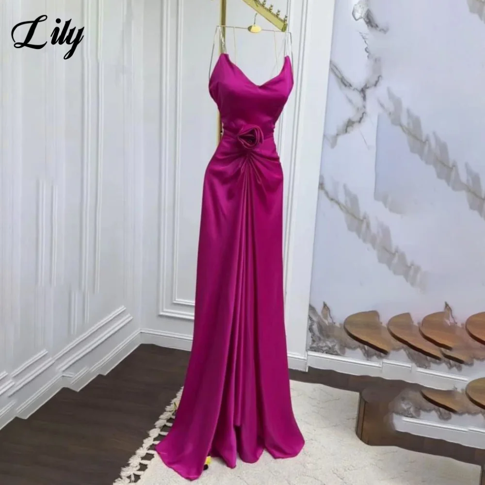 

Lily Fuchsia Flowers Evening Dress V-Neck فساتين السهرة with Pleats Satin Trumpet Sleeveless Party Dress Customized