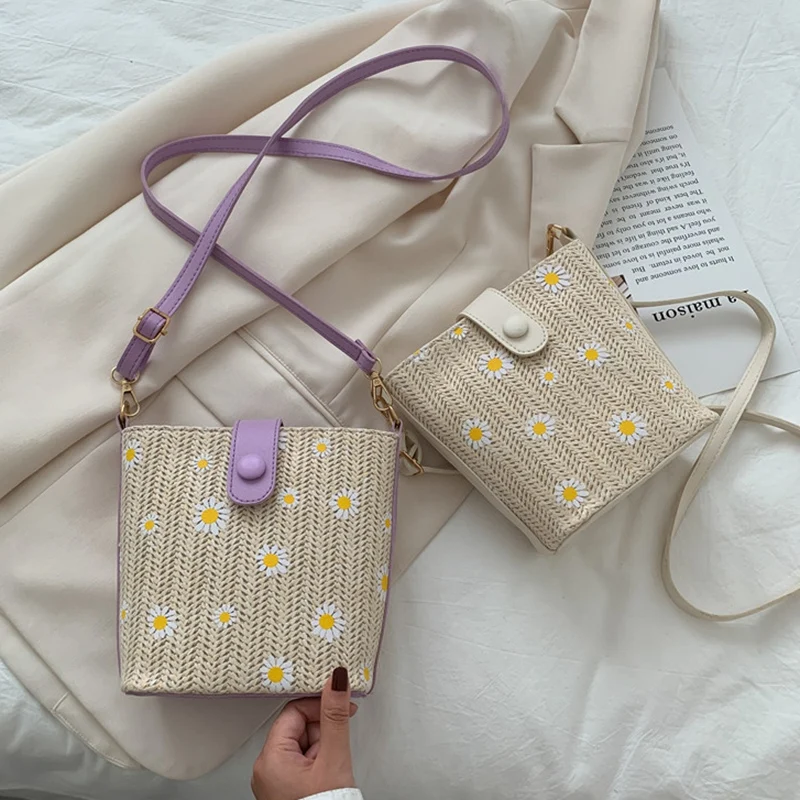 FZFZ 작은 데이지 밀짚 짠 여성용 메신저 백 패션 체인 버킷 백 보헤미안 핸드백 여학생 가방 카키