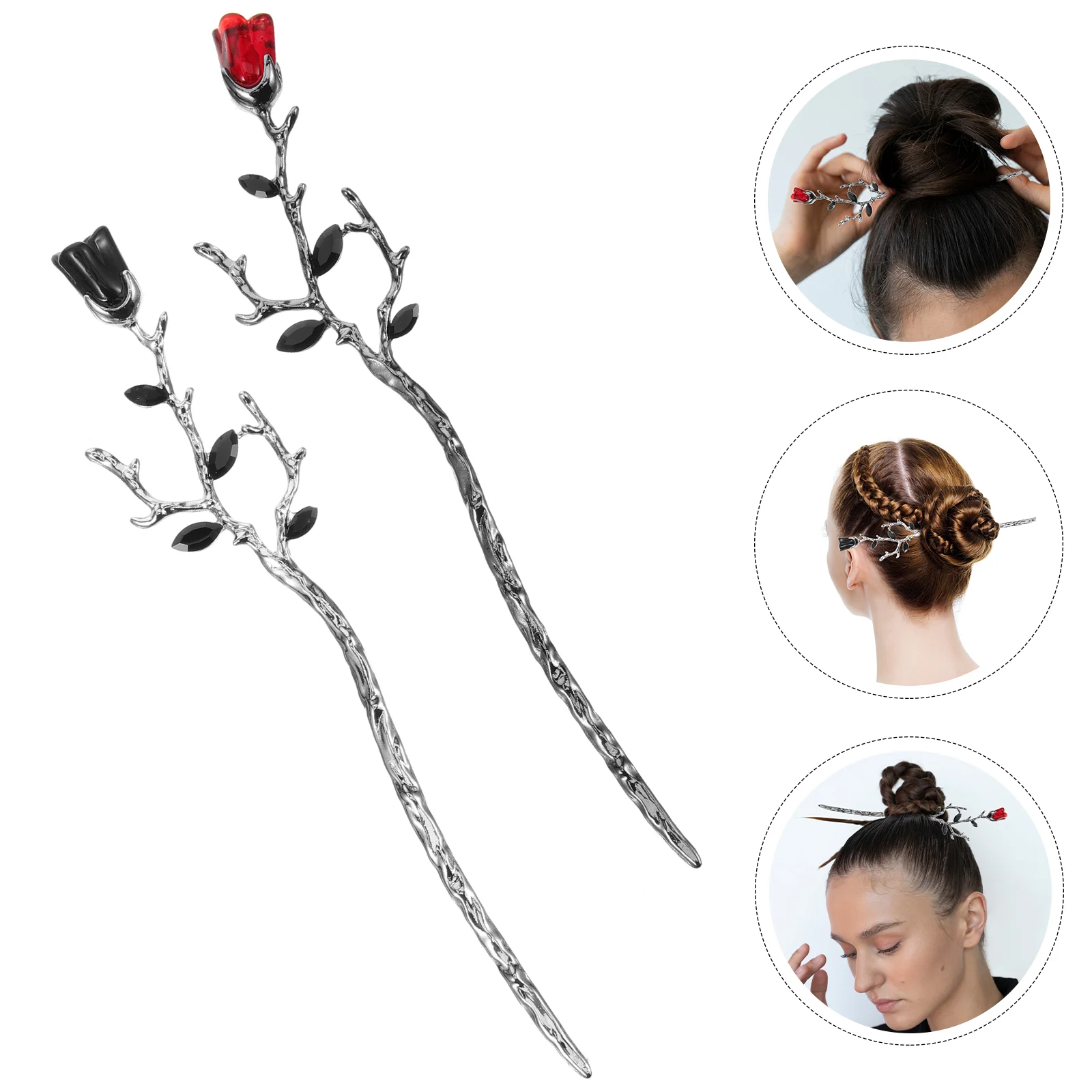 

2 Pcs Rose Branch Hairpin Women Sticks Barrettes Flower Chignon Alloy Miss Silver Clips