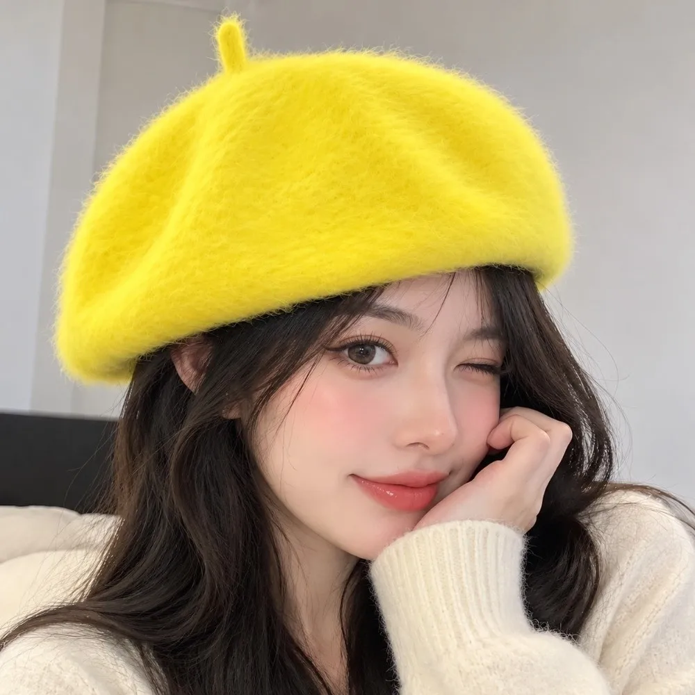 Elegant Solid Color Faux Mink Beret Soft Flat Top Pumpkin Painter Cap Thermal Furry Plush Octagonal Cap Autumn 4