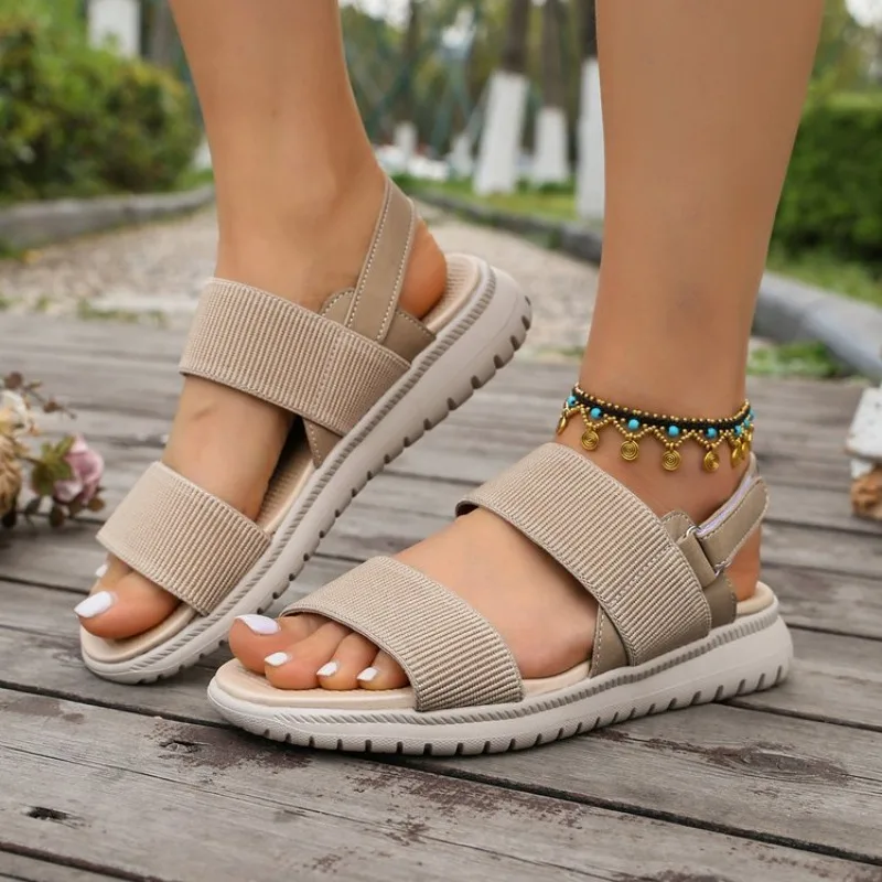 Women's fashion trend anti-slip wear comfortable matching color sole pure black shoelace flat sandals