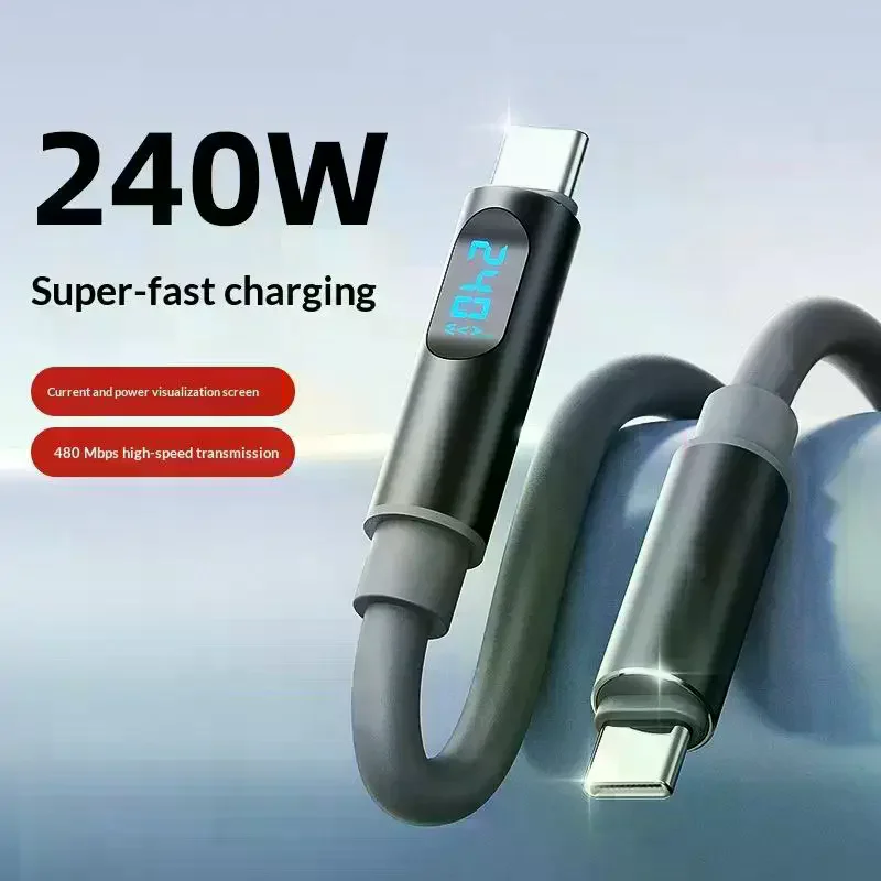 1Pc Soft Silicone Type C Charger Cord 480Mbps 240W LED Digital Display USB C To USB C Fast Charging Cable For Laptop Phone